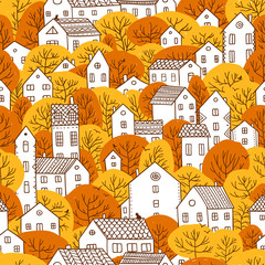 trees and houses seamless pattern autumn orange yellow colors