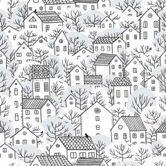 trees and houses seamless pattern winter