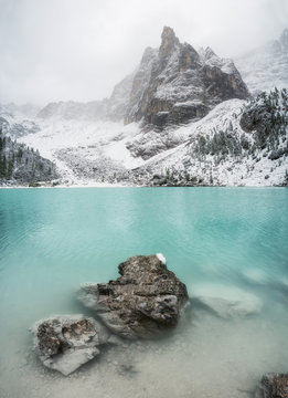 Lake in the mountain valley in the Italy. Beautiful natural landscape in the Italy mountains.