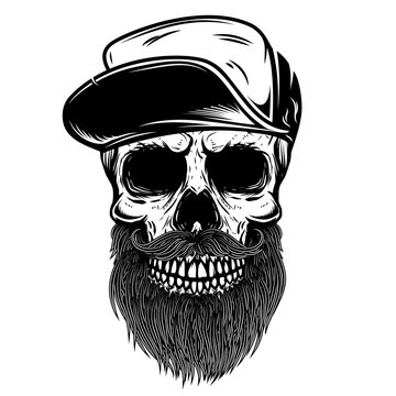 Bearded skull in baseball cap. Design element for t shirt, poster, emblem, sign. Vector illustration