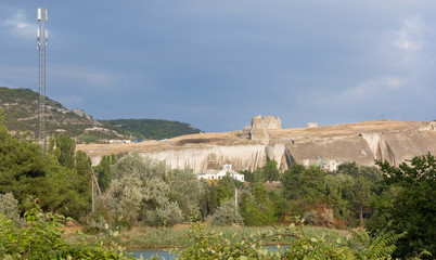 Vicinities Of Sevastopol. Crimea . Kalamita fortress in the rays of the setting sun