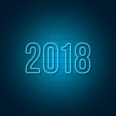 New year 2018 neon sign on brick wall. Holiday background. Vector illustration.