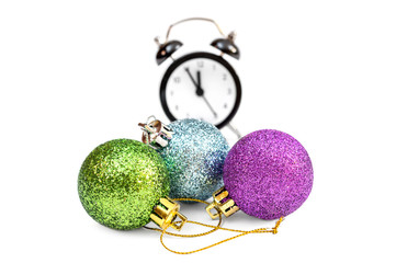 Christmas toys with alarm clock on a white background.