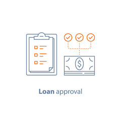 Payment installment, loan approval, checklist clipboard, insurance policy, financial service, line icon