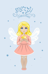 Beautiful girl angel holds in her hands the shining Christmas star. Template for greeting cards, calendars, banners, invitations.