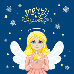 Beautiful girl angel holds in her hands the shining Christmas star. Template for greeting cards, calendars, banners, invitations.