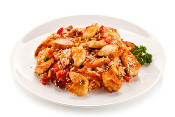 Chicken meat with rice on white background