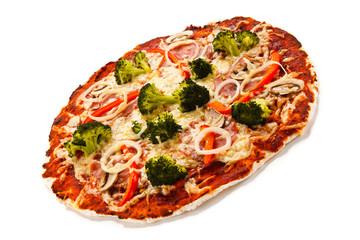 Pizza with vegetables on white background