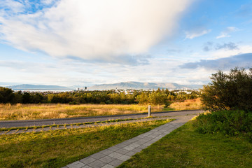 Fototapeta na wymiar roads at Oskjuhlid Hill and view of Reykjavik city