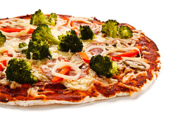 Pizza with vegetables on white background