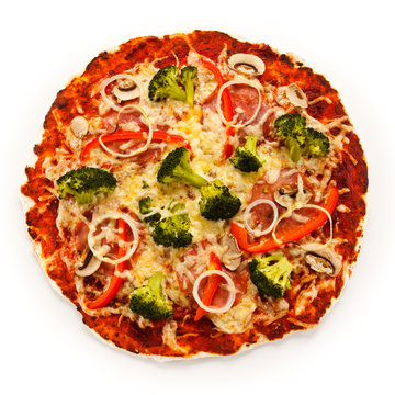 Pizza with vegetables on white background