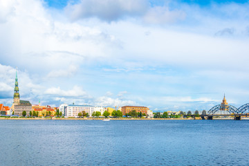 Panorama of riga including saint peters church, the zeppelin hangars and the academy of sciences © dudlajzov