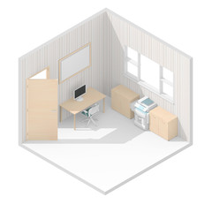 3d isometric rendering illustration of brown furnished office