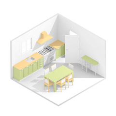 3d isometric rendering illustration of green and orange domestic kitchen