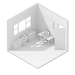 3d isometric rendering illustration of white furnished office