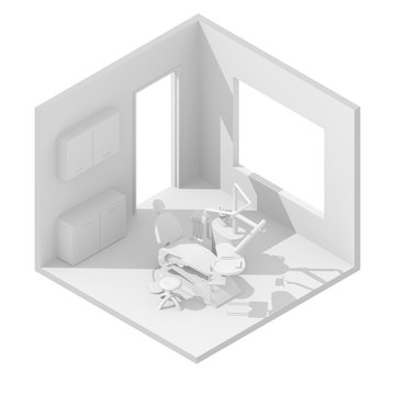 3d isometric rendering illustration of white dentist's chair
