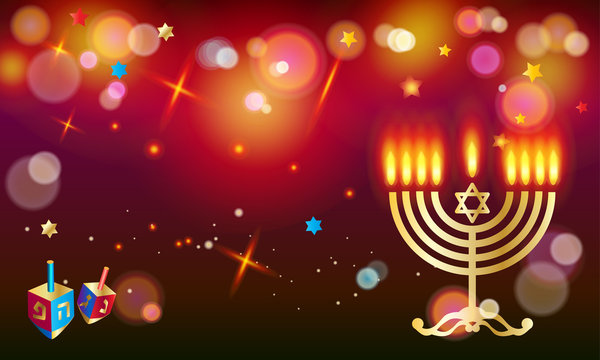 Hanukkah Jewish Holiday traditional symbols menorah, donuts - traditional cookies, dreidel spinning top, candles with fire flame, candelabrum, bokeh lights, glow effect. Festival of lights Israel.