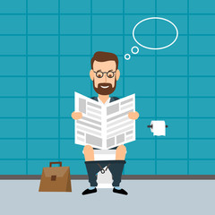 businessman sitting on toilet and reading newspaper