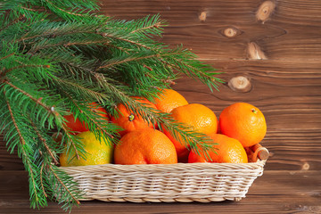 Tangerines with spruce branches on a wooden background. Symbol of the New Year in Russia.