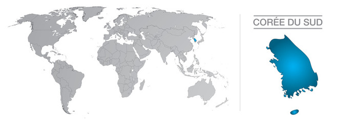 Corée du sud dans le monde, avec frontières et tous les pays du monde séparés