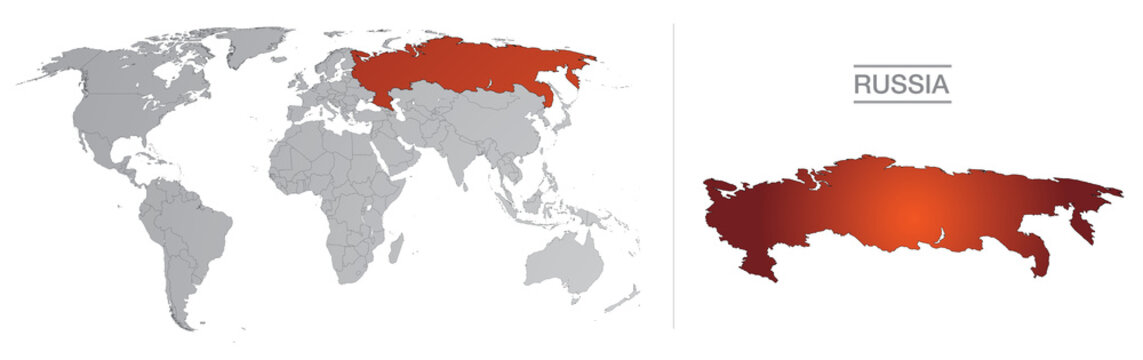 Russie dans le monde, avec fronti&egrave;res et tous les pays du monde s&eacute;par&eacute;s