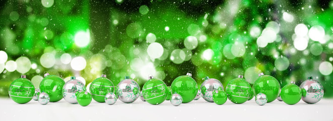 Fototapeta premium Green and white christmas baubles lined up 3D rendering