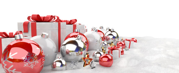 Red and white christmas gifts and baubles lined up 3D rendering