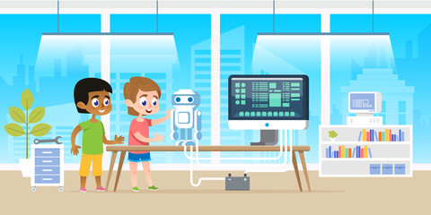 Little boy with his afro american friend programming robot by the computer technology at modern classroom office.