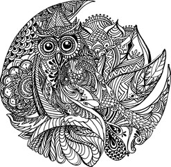 Floral owl design. Owl tattoo. Coloring book page.