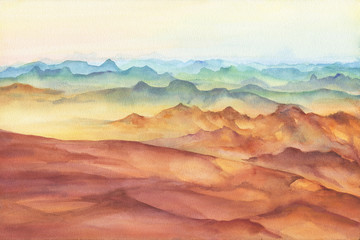 Mountain landscape peaks on sunset on panoramic view. Beautiful rocks and yellow sand desert, dune of the huge sizes. Watercolor hand drawn painting illustration isolated on white background.