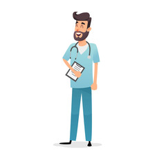 Friendly cartoon physician with stethoscope and diagnosis. Happy doctor cardiologist, pediatrician or pharmacist. Professional medic in blue uniform. Medical concept for the design of postcards