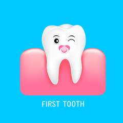 Baby tooth with soother and gum. First tooth, dental care concept. Illustration isolated on blue background.