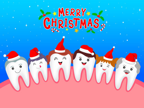 Happy cute cartoon tooth family characters with Santa hat. Dental care concept. Merry Christmas and happy new year, Illustration on blue background.