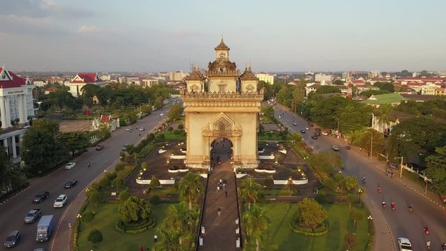 Patuxai War Arch Monument in Vientiane Laos. Aerial Top View