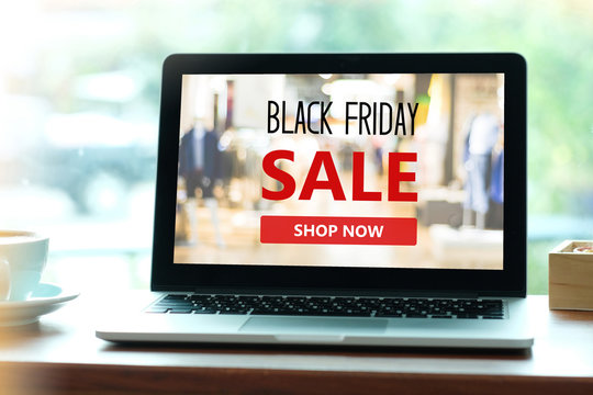 Laptop computer with black friday sale on screen background, holiday shopping online, digital marketing, business and technology, lifestyle concept