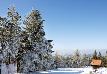 beautiful Ski Resort. village people in the rays of the sun.