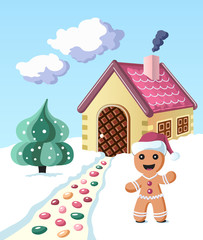 Colorful gingerbread man invintes to come to his house