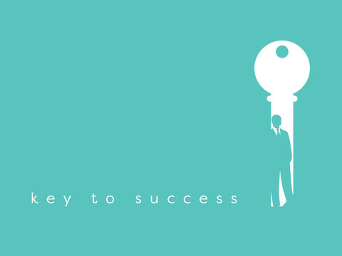 Key To Success In Business Vector Symbol. Businessman And Key Negative Space Design. Symbol Of Leadership, Success, Self Confidence, Strength.