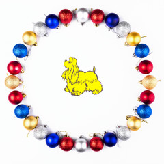 New Year, Christmas Wreath of Colorful Balls with Yellow Dog. Top View.