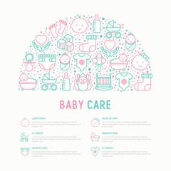 Fototapeta na wymiar Baby care concept in half circle with thin line icons: newborn, diaper, pacifier, crib, footprints, bathtub with bubbles. Vector illustration for banner, web page, print media.
