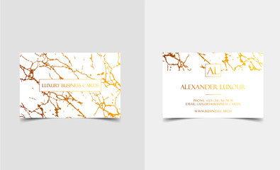 Elegant white luxury business cards with marble texture and gold detail vector template, banner or invitation with golden foil details. Branding and identity graphic design