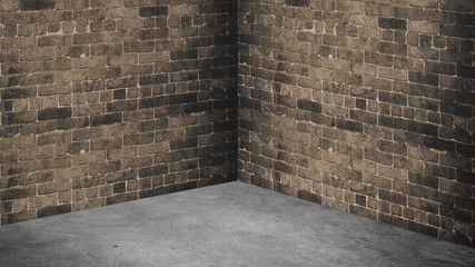 Empty corner room with brown brick wall and grey concrete floor background,Mock up studio room for...