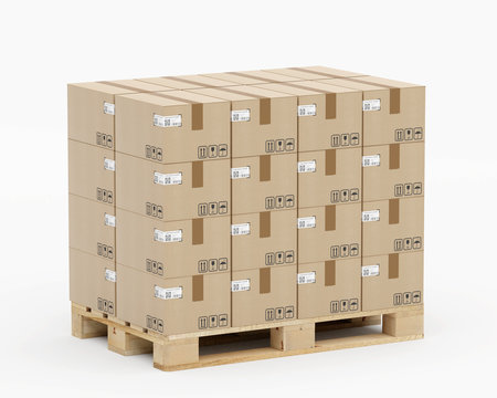 Europalette mit Kartons - in Lagen geschichtet - Eurostandard mit Etiketten - von rechts aufgenommen