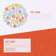 Pet food concept with thin line icons of dry food in different shapes and cute dog and cat. Modern vector illustration.