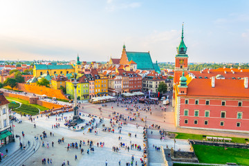 Aerial view of the castle square in front of the royal castle and sigismund´s column in Warsaw, Poland.