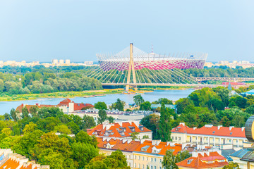 View of the polish national football stadium behind a steel bridge in Warsaw, Poland.
