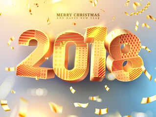 Merry Christmas and Happy New Year 2018 decorations. 3d golden numbers with geometric texture. Greeting card vector template. Gold foil confetti, glitter. Holiday illustration for posters, banners