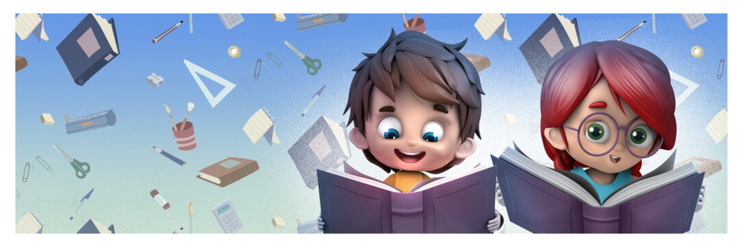 ni&ntilde;o y ni&ntilde;a leyendo libros felices