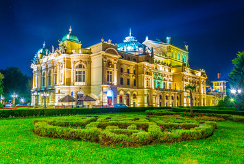 Night view of the Juliusz-Slowacki-Theater in Krakow, Poland