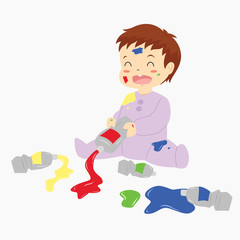 cute baby boy sitting and playing with colorful paint paste. cartoon vector